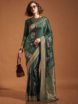 Dark green color satin saree for women