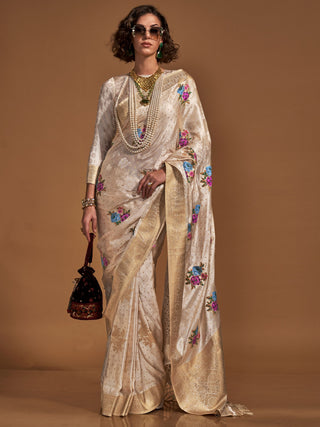 Wedding wear beige  color satin saree price