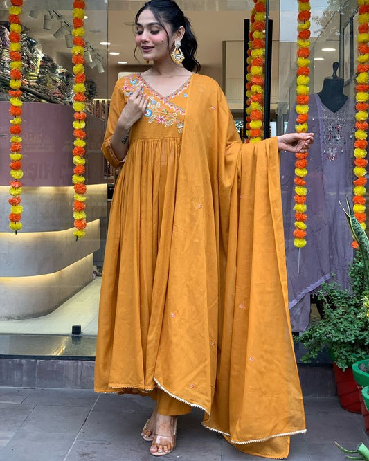 Mustard color viscose chanderi salwar suit for women with dupatta
