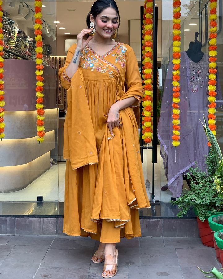 Mustard color viscose chanderi salwar suit for women images
