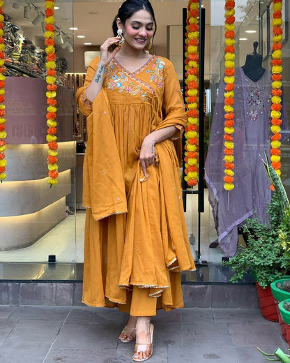 Mustard color viscose chanderi salwar suit for women images

