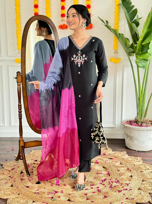 Black color viscose chanderi salwar suit for women with dupatta
