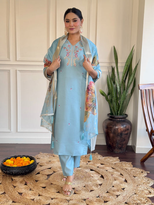 Sky color viscose chanderi salwar suit for women with dupatta

