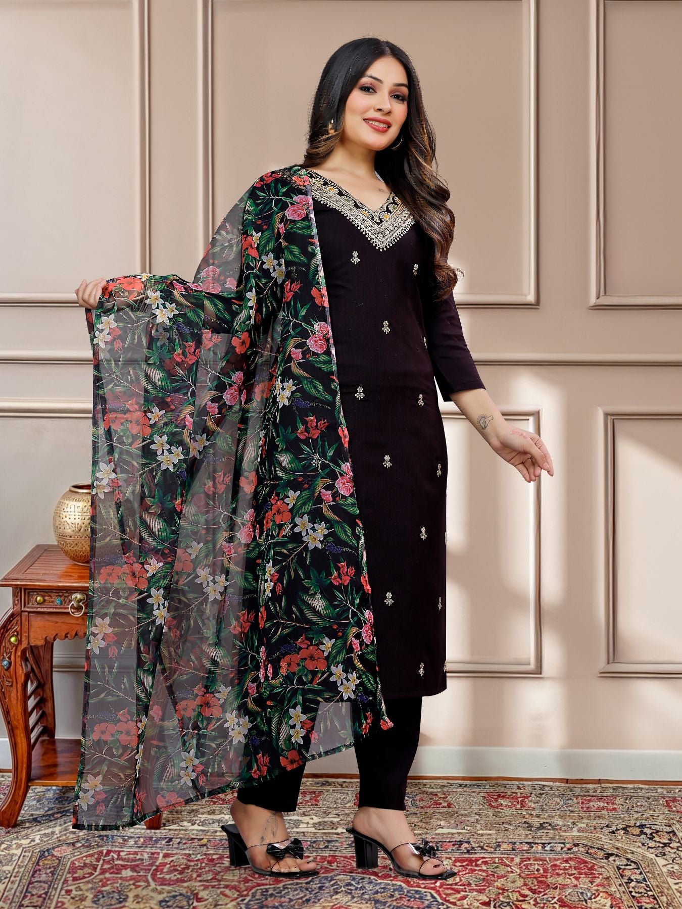 Black slub salwar suit for women with dupatta
