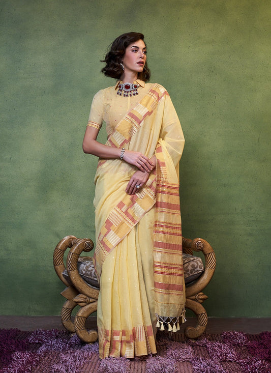 Yellow color cotton weaving saree for women