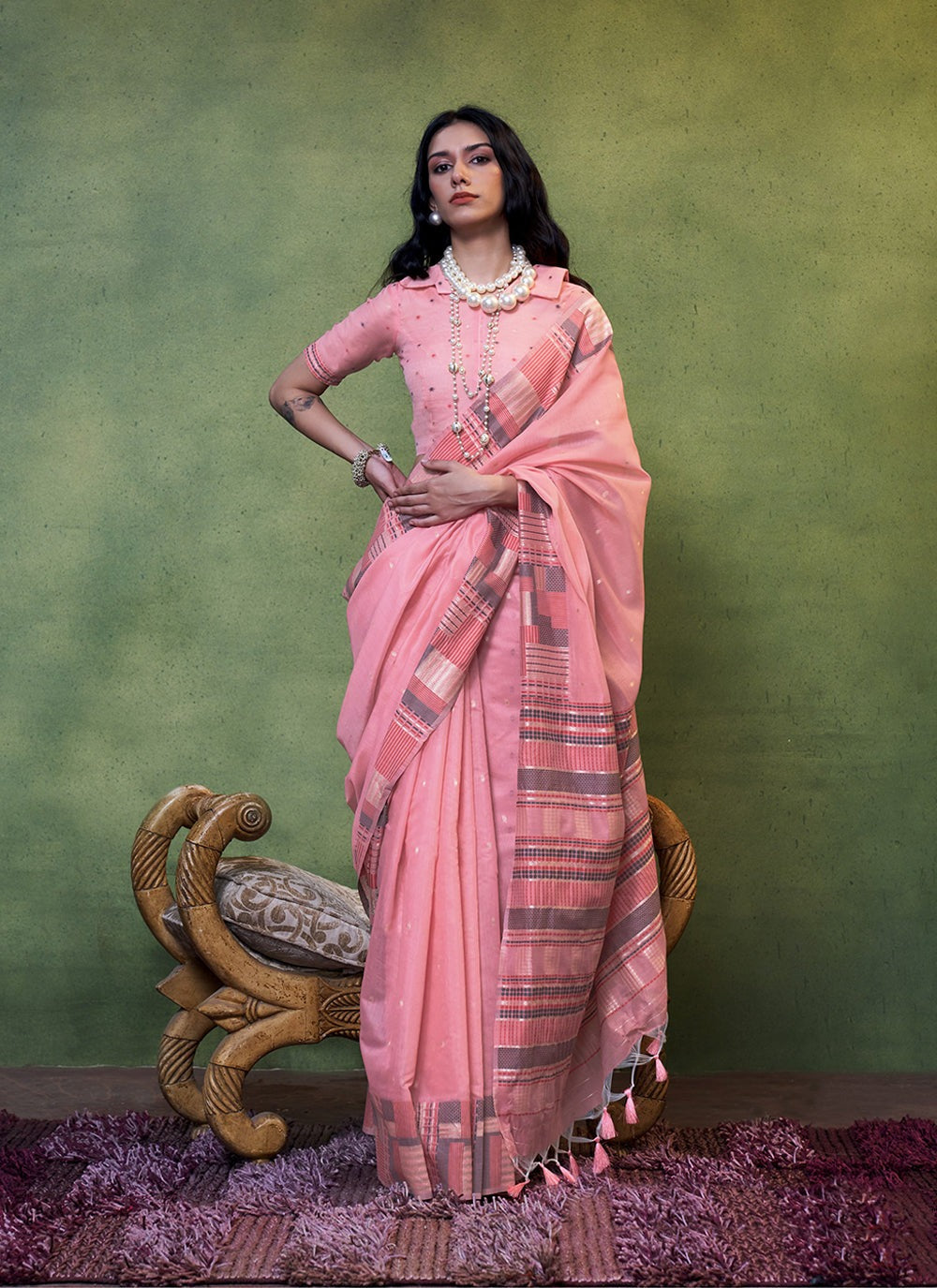 Pink color cotton weaving saree with blouse images