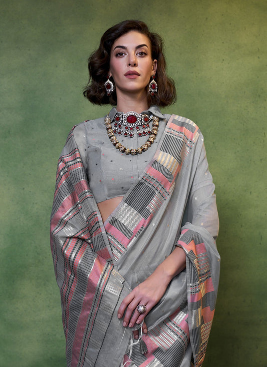 Grey color  weaving cotton saree for wedding online