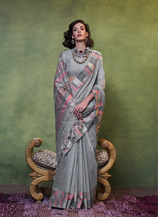 Grey color cotton weaving saree