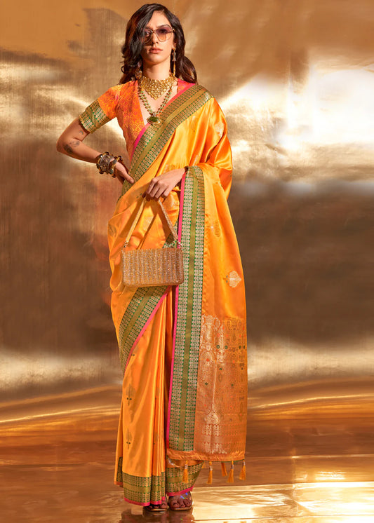 Yellow color handloom silk saree for wedding