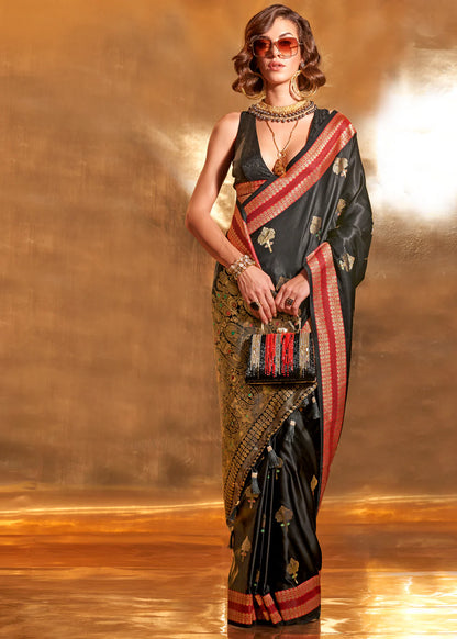 Black color handloom silk saree for women