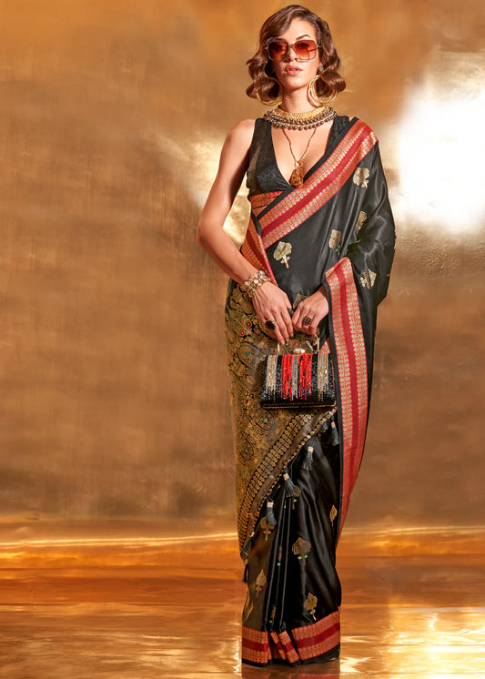 Black color handloom silk saree for women