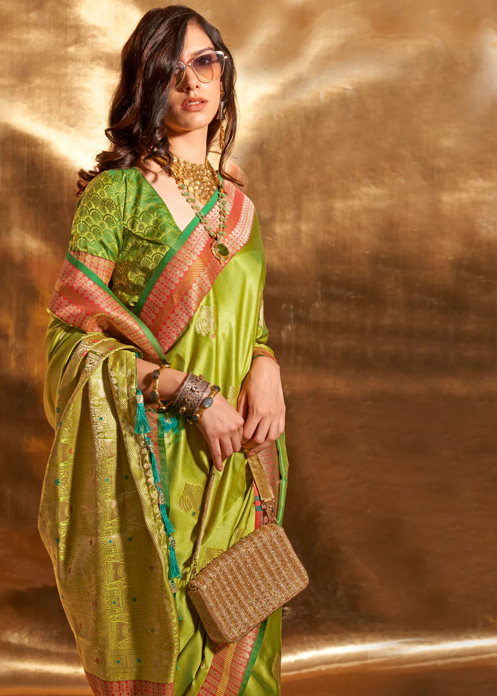 Parrot green color handloom silk saree with blouse