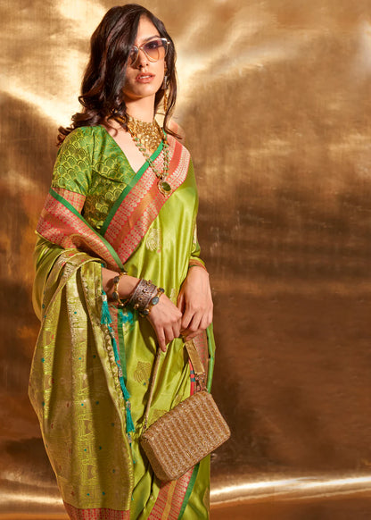 Parrot green color handloom silk saree with blouse