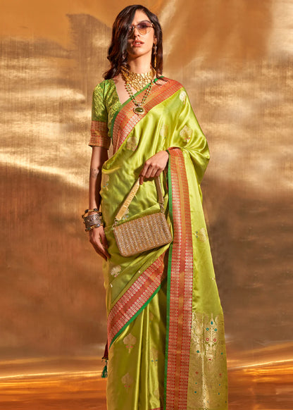 Parrot green color handloom silk saree for wedding