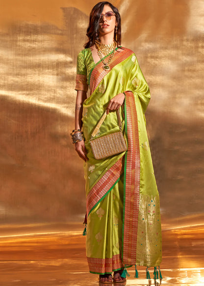 Parrot green color handloom silk saree for women