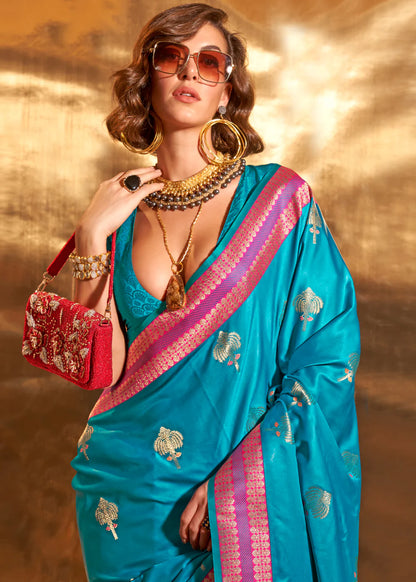Rama color handloom silk saree with blouse online