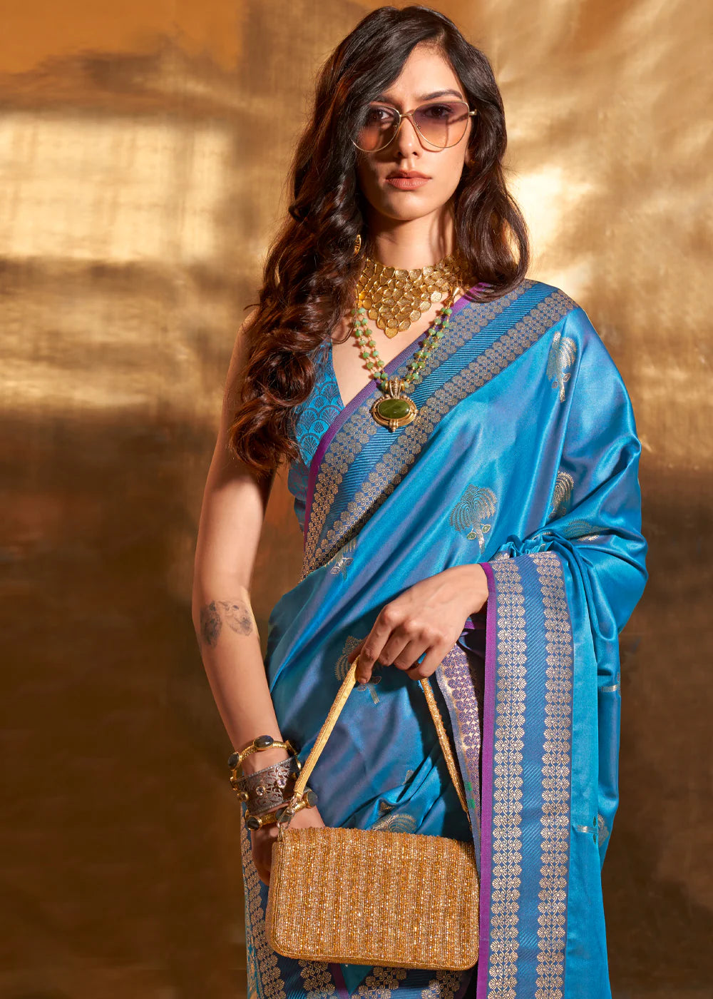 Sky color handloom silk saree with blouse online