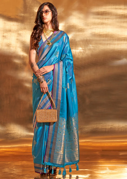 Sky color handloom silk saree for women