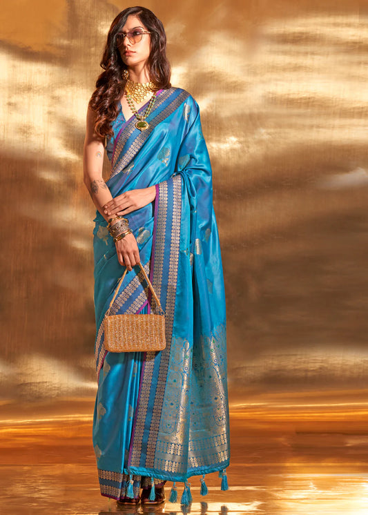 Sky color handloom silk saree for women