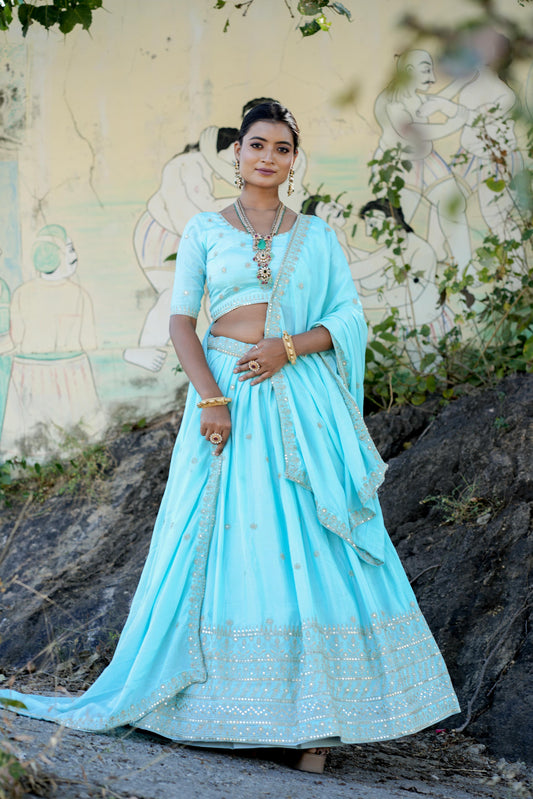 Sky color chinon lehenga choli for women