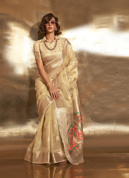 Beige color Tissue saree for women party wear
