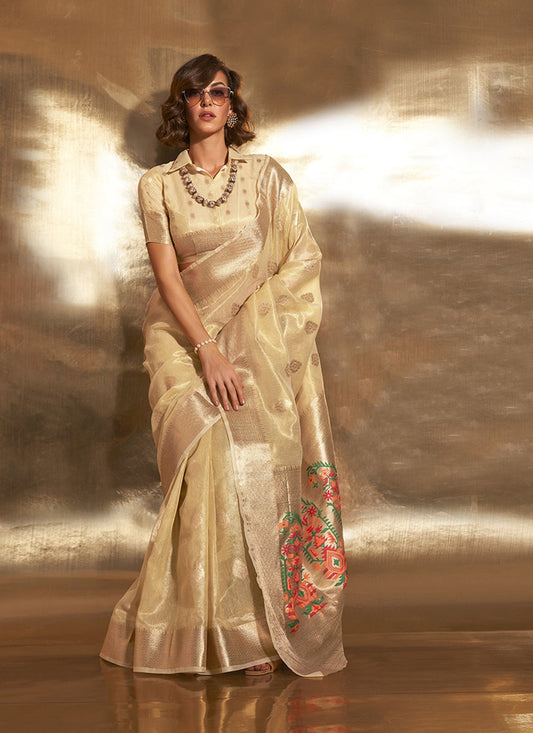 Beige color Tissue saree for women party wear
