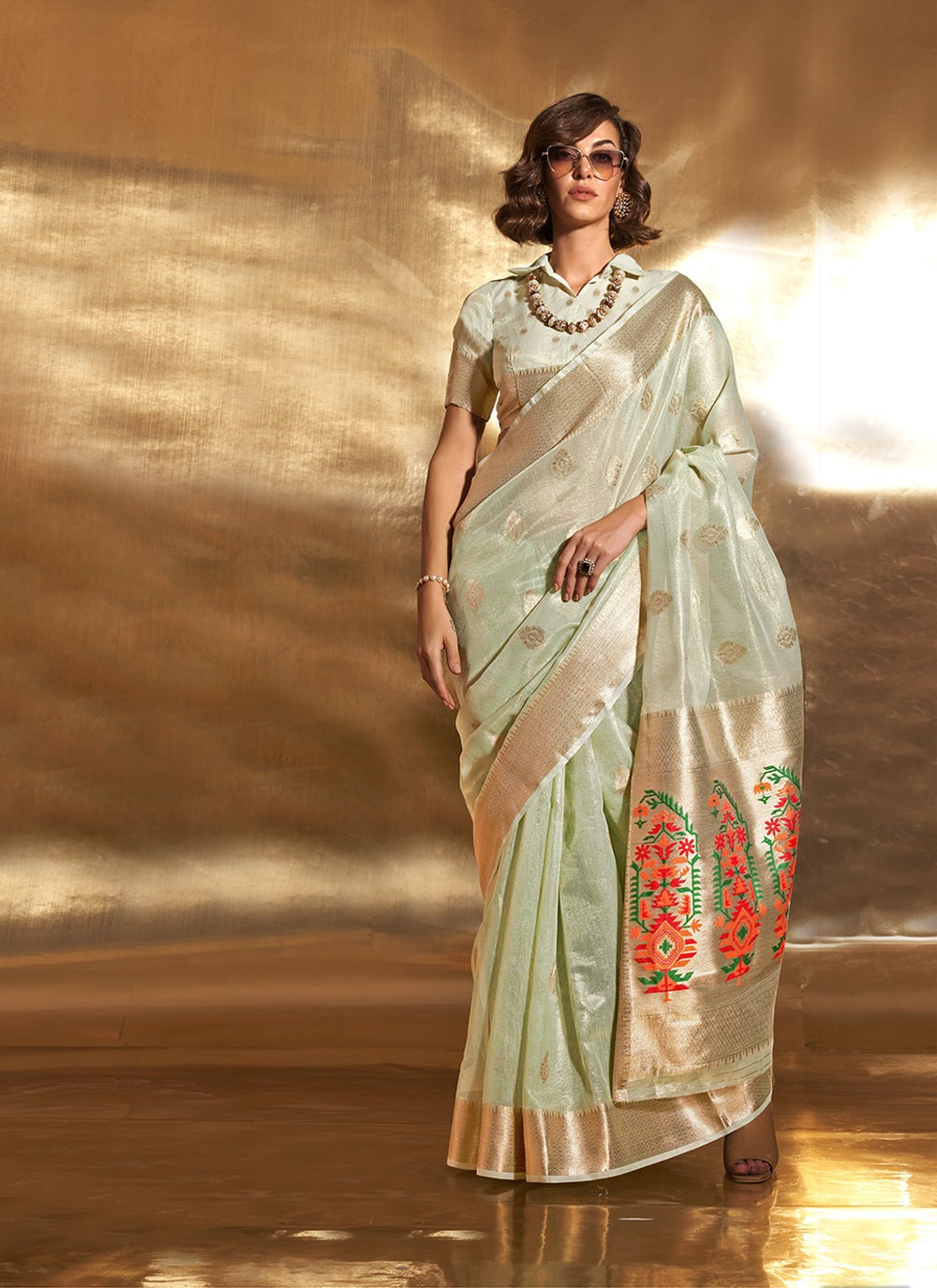 Pista color Tissue saree for women