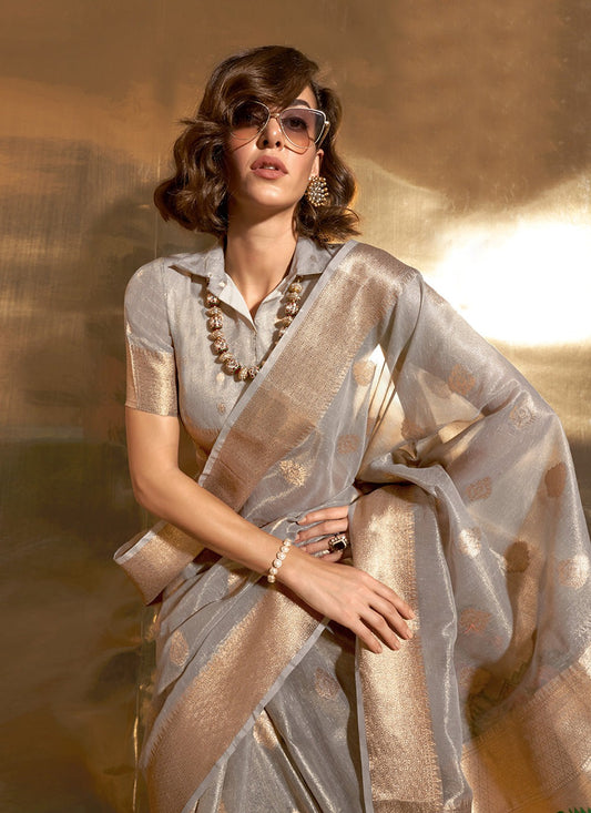 Grey color tissue saree for women