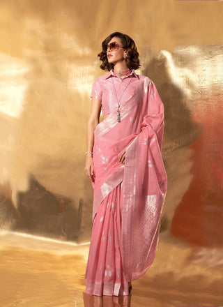 Pink color linen cotton saree