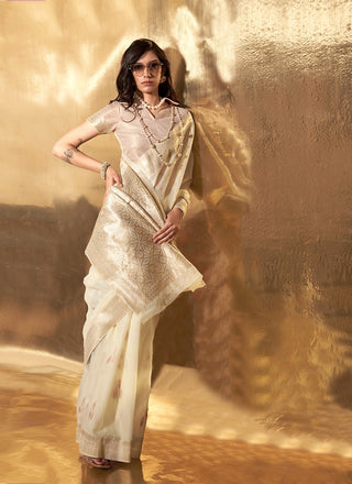 Beige color linen cotton saree for party wear