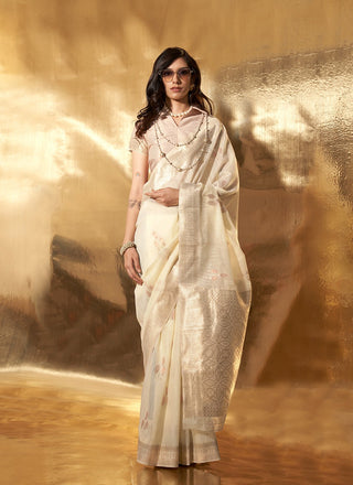 Beige color linen cotton saree