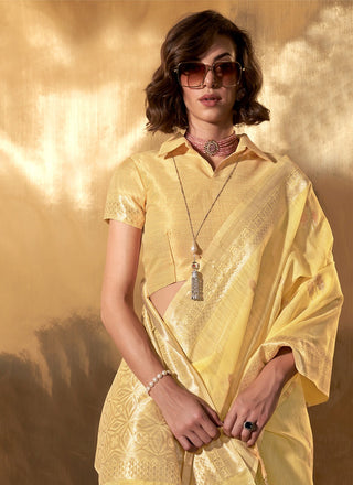 Yellow color linen cotton saree