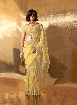 Yellow color linen cotton saree online shopping