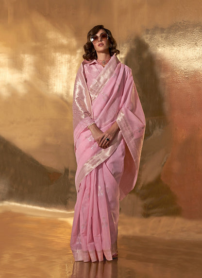 Peach color linen cotton saree
