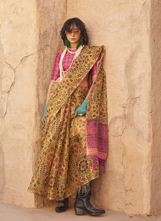 Mustard color tissue printed saree