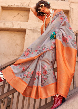 Grey color handloom georgette saree for women images