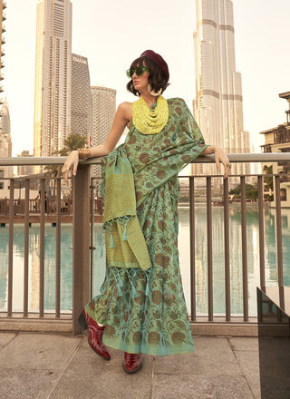 Green tissue handwoven saree for women online shopping
