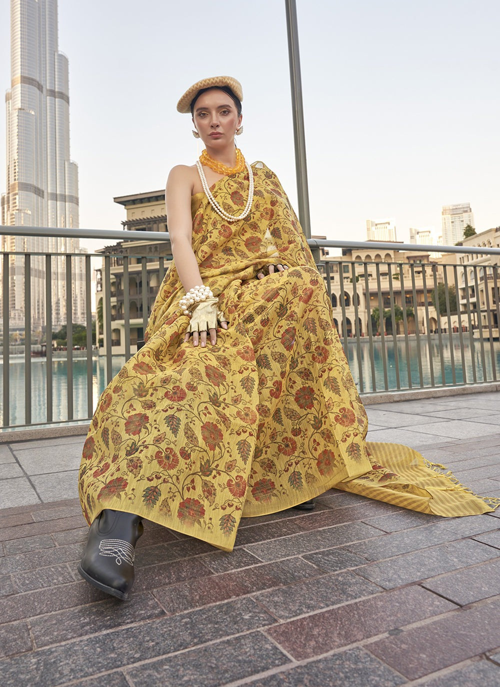 Mustard tissue handwoven saree for women online
