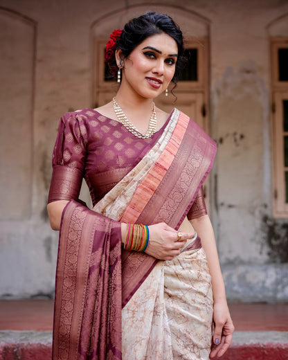 Beige color banarasi silk saree with blouse images