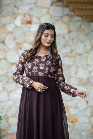 Brown color georgette printed long anarkali gown price