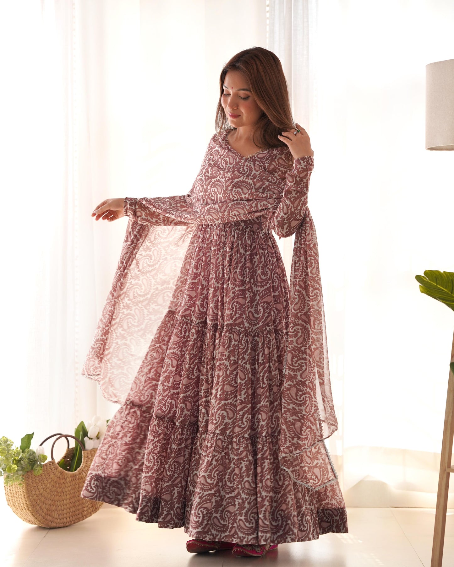 Brown color georgette printed long gown price