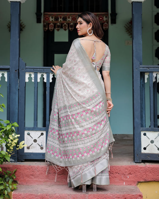Grey color linen printed saree with blouse 