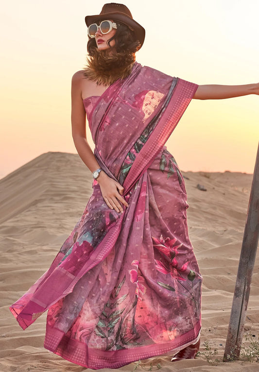 Pink color linen printed saree for women price
