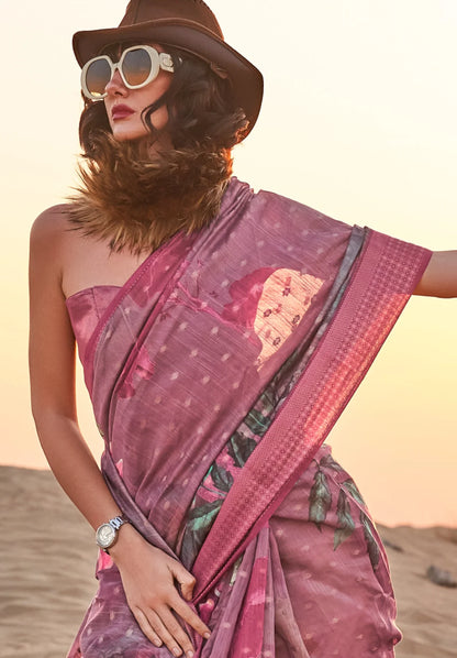 Pink color linen printed saree for party
