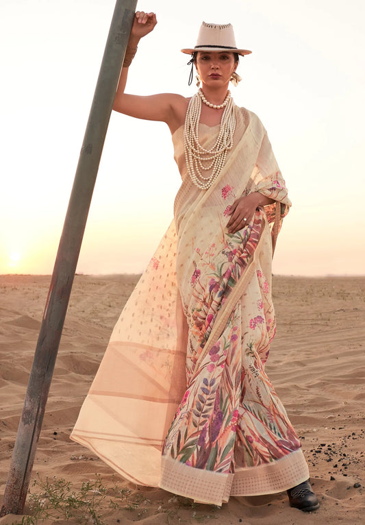 Off white color linen printed saree for women online shopping
