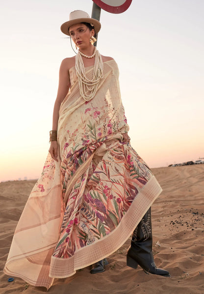 Off white color linen printed saree for women price
