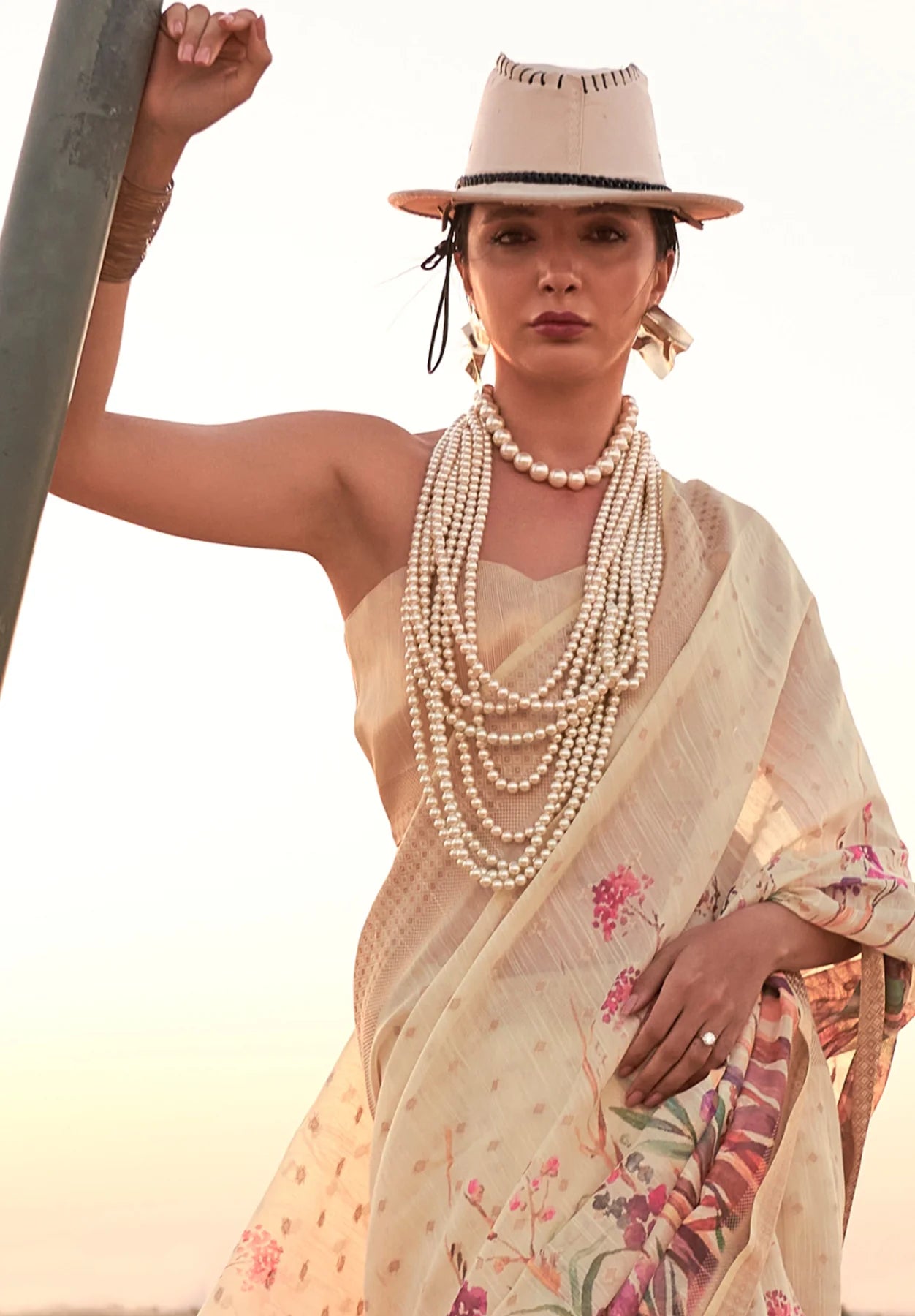Off white color linen printed saree for women images
