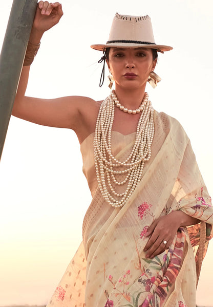 Off white color linen printed saree for women images
