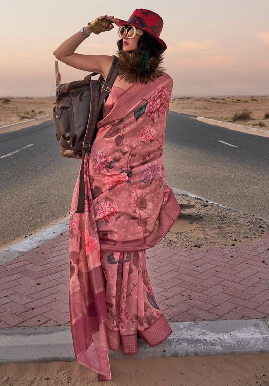 Peach color linen printed saree for women online
