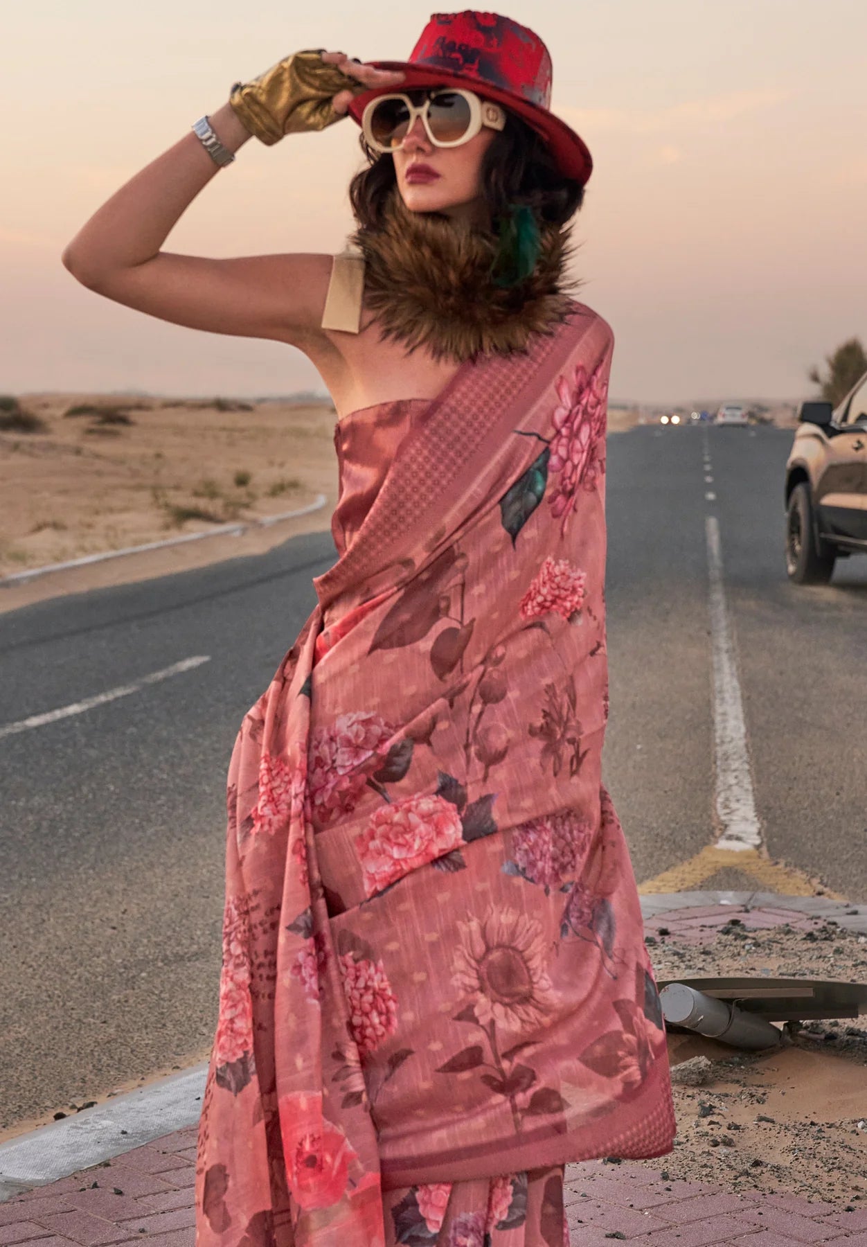 Peach color linen printed saree for women price
